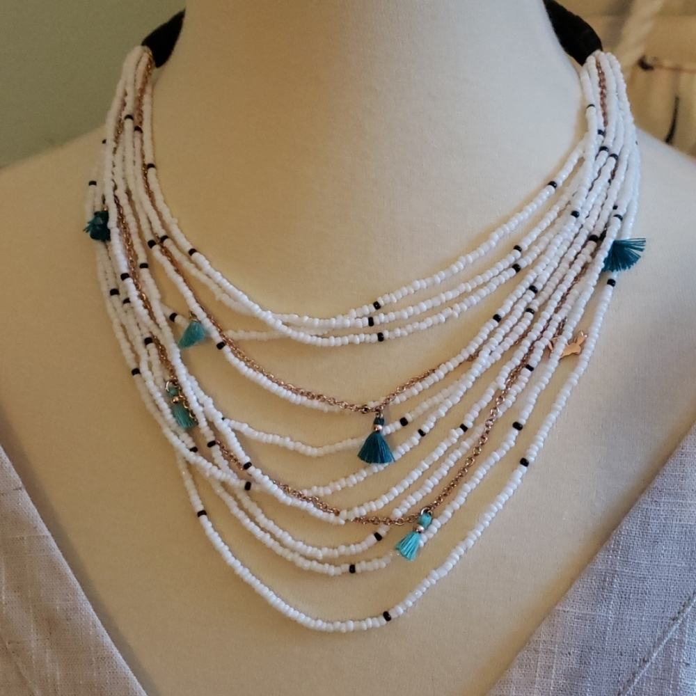 Fossil Seed Bead Multi Strand Necklace, 16"